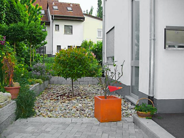 Gepflasterter Eingangsbereich mit Bepflanzung